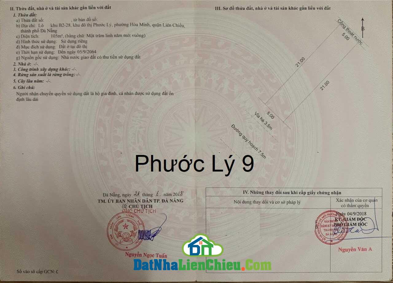 Bán đất đường Phước Lý 9, Quận Liên Chiểu, KĐT Phước Lý Đà Nẵng.