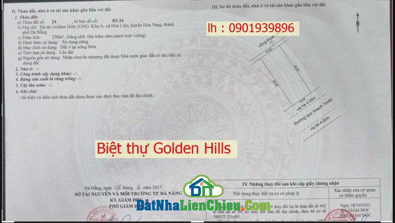 Bán đất biệt thự Golden Hills City , view kênh , Hoà Hiệp Nam , Liên Chiểu , Đà Nẵng , 250m2 , giá siêu rẻ 2024