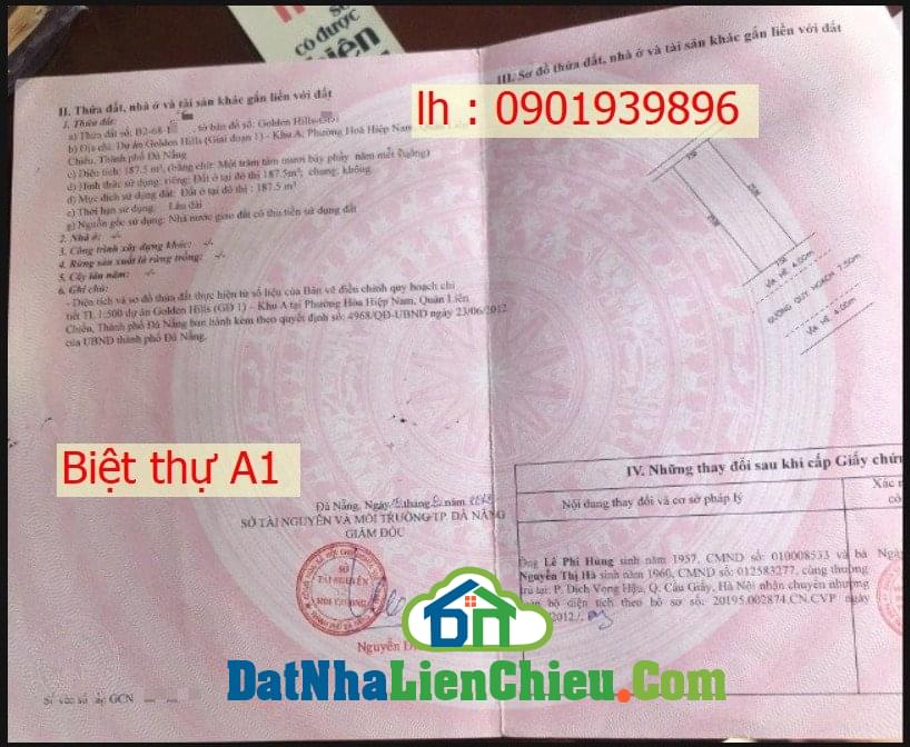 Chính chủ bán gấp đất biệt thự Golden Hills City , 187,5m2 giá bán 4,1 tỷ , song song với đường Nguyễn Tất Thành
