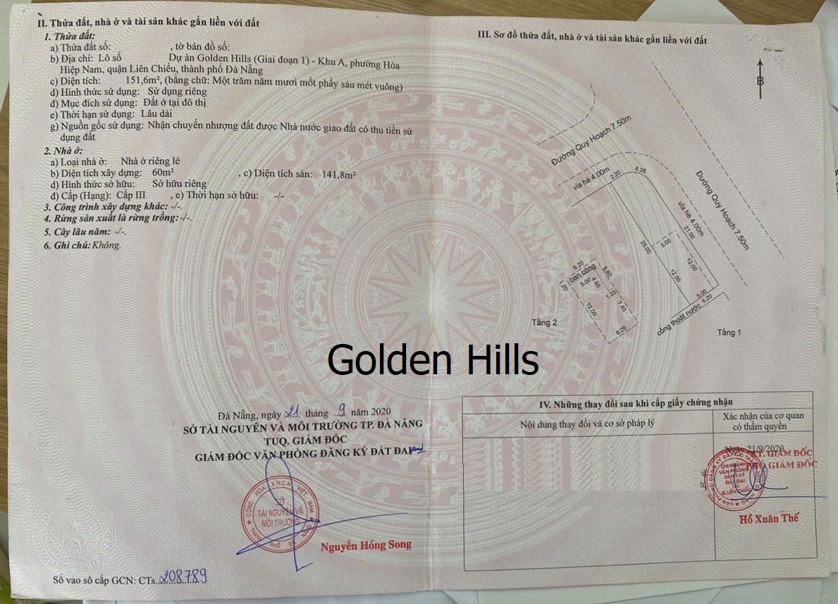 Bán Nhà 2 tầng, Lô Góc, 2 Mặt Tiền, Khu Đô Thị Golden Hills, Đà Nẵng, Đối Diện Trường Học, Giá RẺ